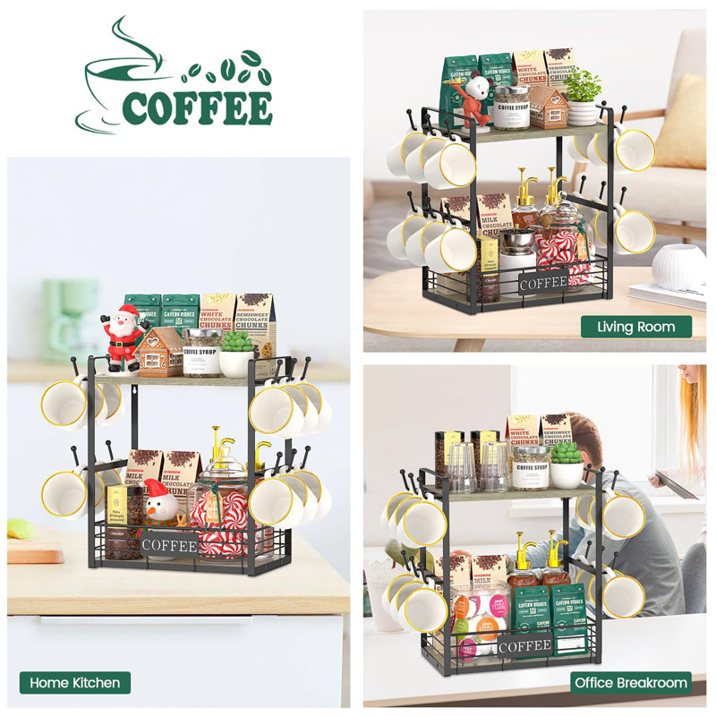 Multi-Functional 2 Tier Mug Tree Rack, Gray Oak