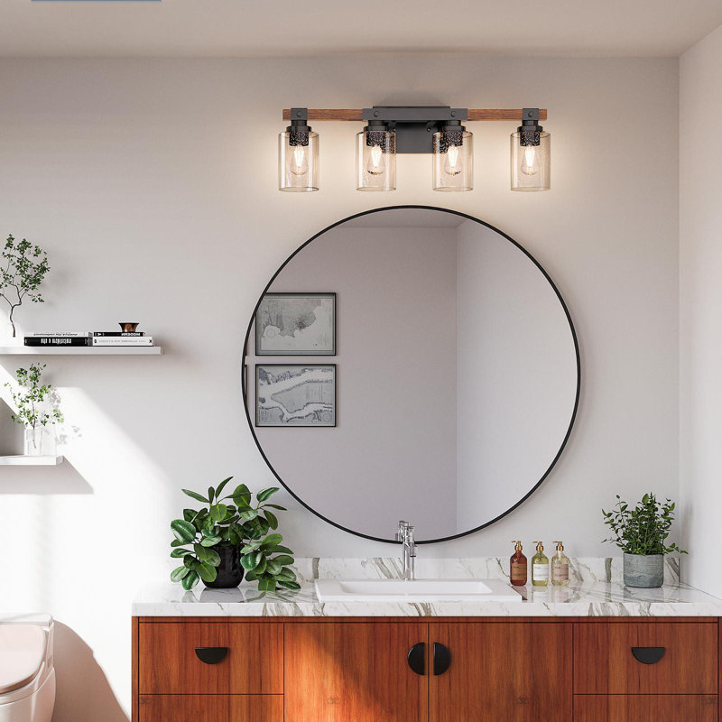 Luminaires de meuble-lavabo de salle de bain, lumières en bois peintes industrielles rustiques à 4 lumières, appliques murales noires rétro avec abat-jour en verre bullé