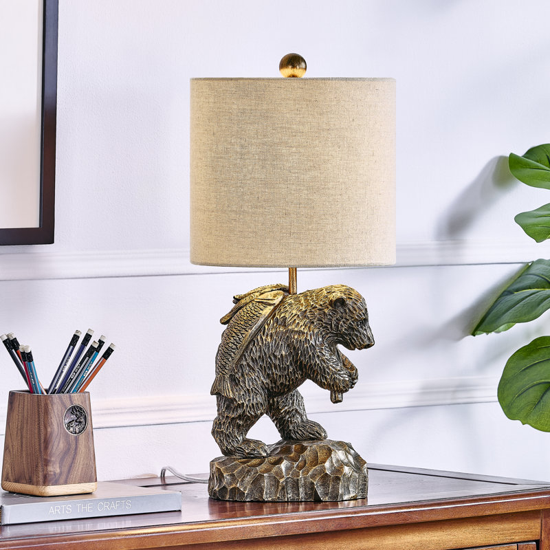 20.75" Bronze Fishing Bear Resin Table Lamp With Shade