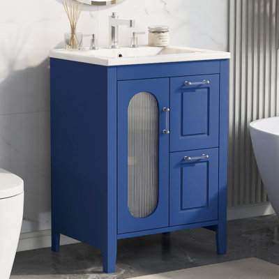 de salle de bain de 4 pouces avec lavabo, armoire avec 2 tiroirs, porte, tablette réglable, bois massif et panneau de fibres à densité moyenne au fini bleu.