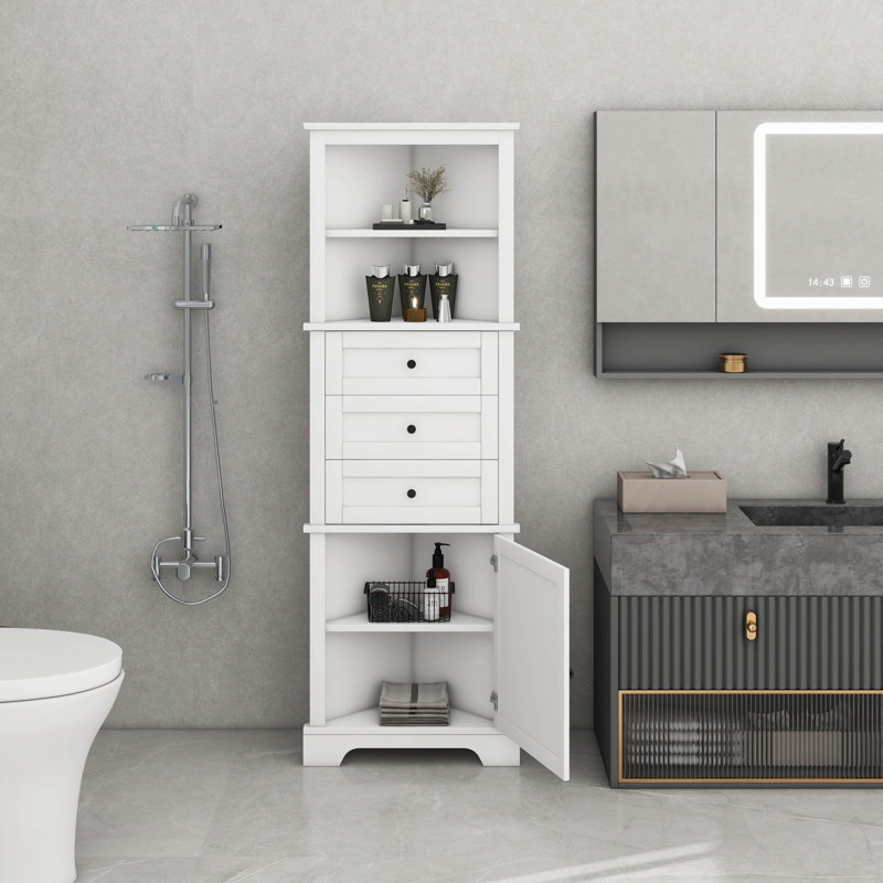 Armoire haute de rangement triangulaire avec 3 tiroirs et tablettes réglables