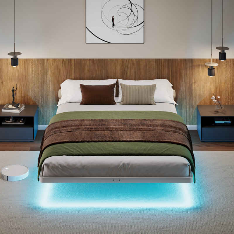 Floating Metal Bed Frame With LED Lights, Underbed Storage, No Box Spring Needed, Queen, Black