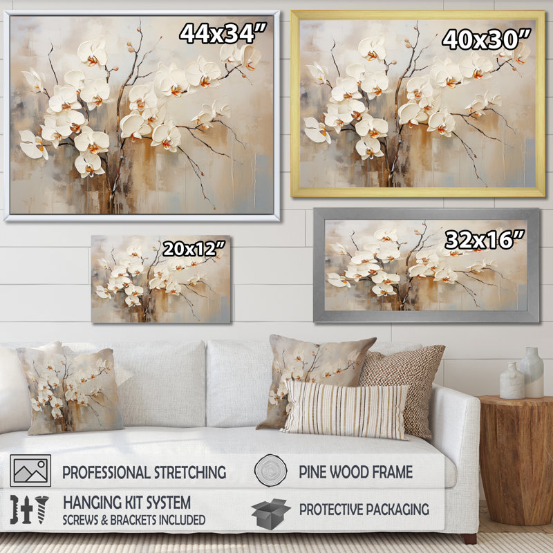 Orchidée beige épanouie sur toile, Cadre doré simple, H 16 po x l 32 po x P 1 po