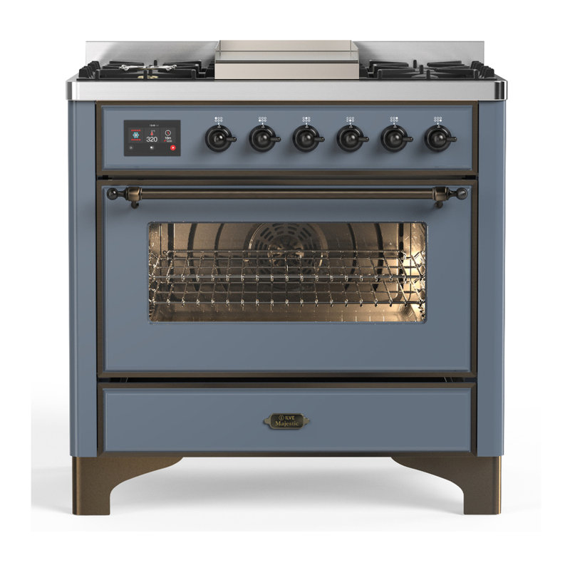 Majestic III Series 36 Inch Dual Fuel Range with 6 Sealed Burners, Griddle, in Glossy Black (Natural Gas, Brass Trim)
