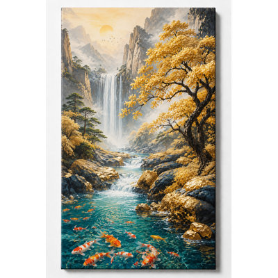Impression sur toile grand koi cascade de poissons, art de la nature asiatique sereine, décor zen pour salon, bureau de chambre à coucher, impression sur toile 24 x 36 pouces - prête à être accrochée