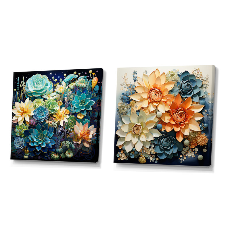 Impression romantique succulente colorée - ensemble de 2 collages floraux carrés, Toile tendue, H 16 po x l 33 po