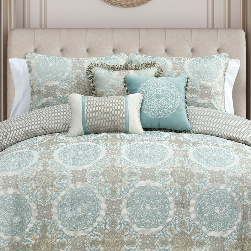 Waterford Jonet Blue and Gold 3-Piece Damask Comforter Set with Matching Shams, King Comforter + 2 King Shams