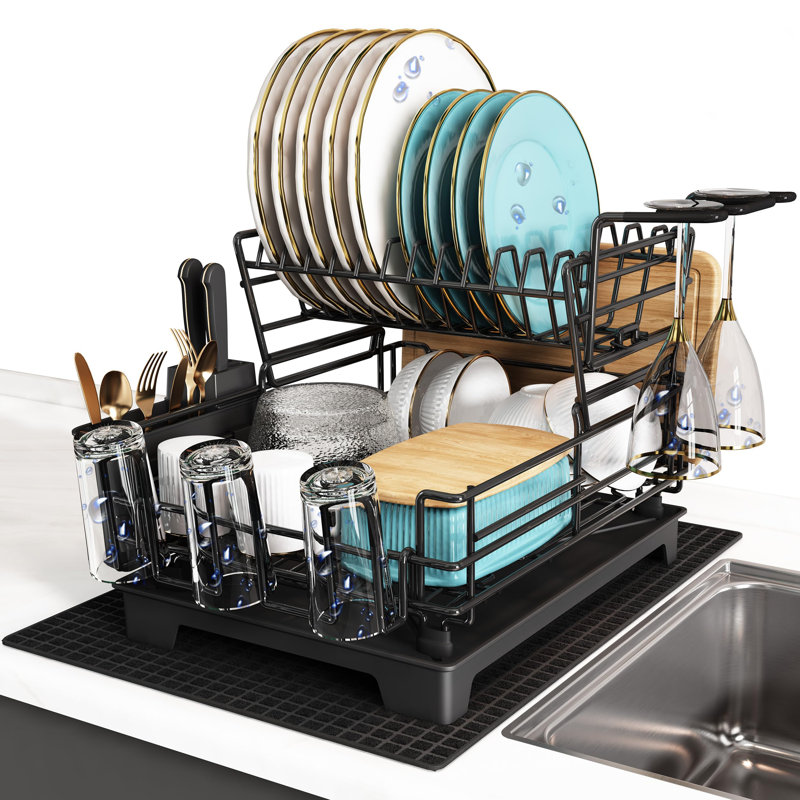 2 Tier Black Large Stainless Steel Dish Drainers Drying Rack For Kitchen Counter