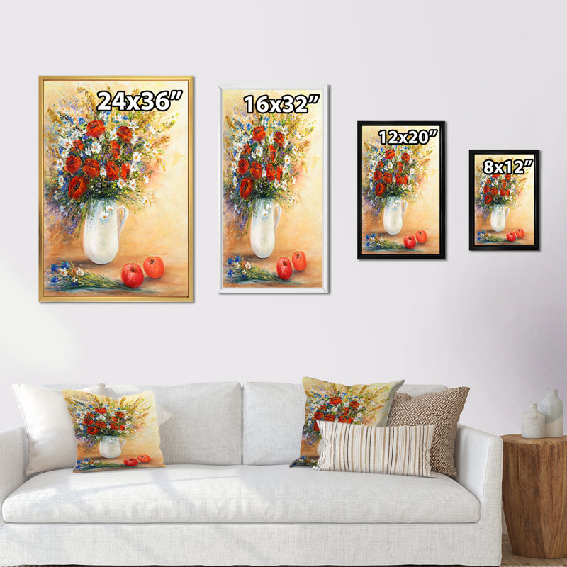 Bouquet de fleurs rouges et blanches - Illustration de toile traditionnelle, H 20 po x l 12 po x P 1 po, Cadre flottant doré