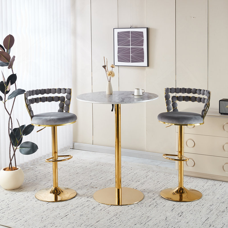 Ensemble de table de bar Modern Gold moderne avec 2 tabourets de bar réglables, table de pub ronde à motif de marbre pour le bar et la cuisine