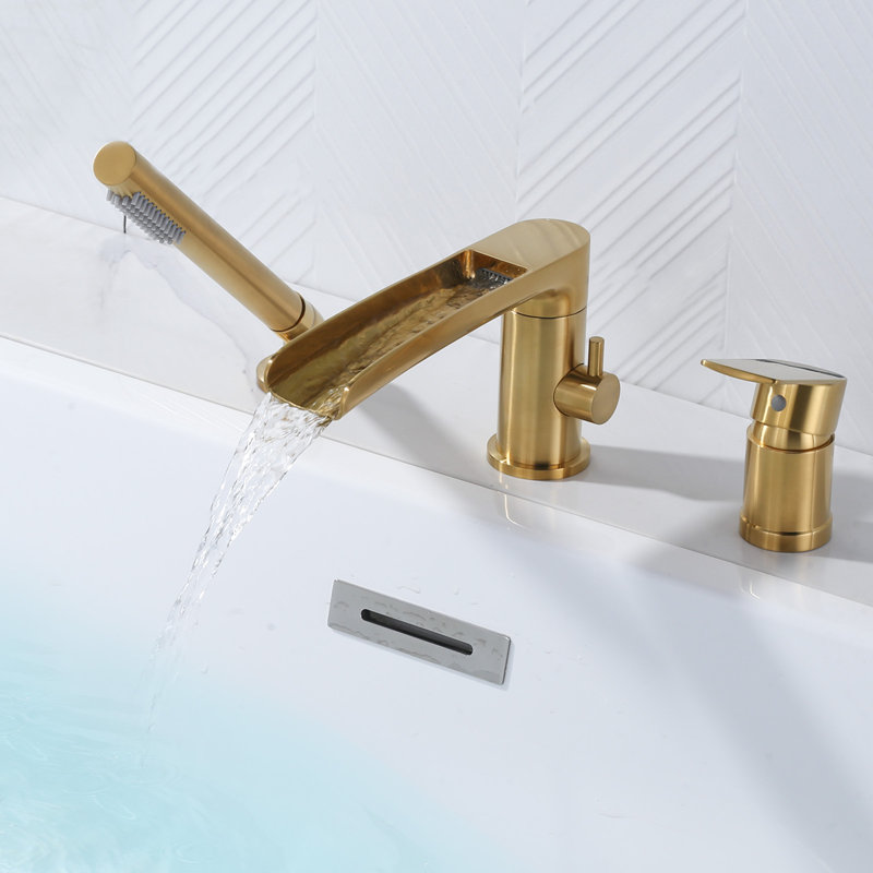 Waterfall Deck-Mount Roman Tub Faucet With Hand Shower, 3-Hole Single Handle Bathtub Faucet, Gold