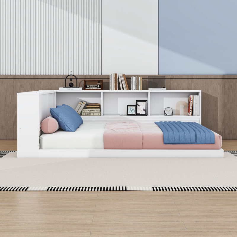 Queen Wood Daybed with Cabinets, Charging Station, LED Lighting and Shelves, White