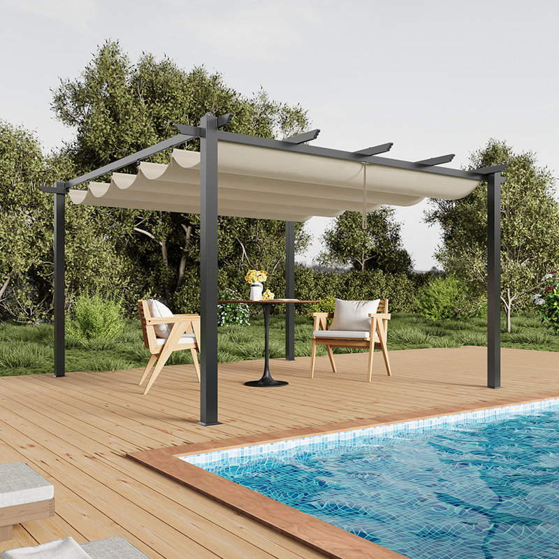 13ft Aluminium Pergola with Retractable Roof, 228 cm x 400 cm x 400 cm, Grey