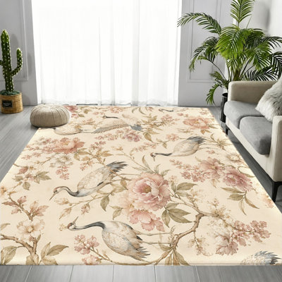 Tapis floral rétro Vintage Crane, motif élégant de pivoines et d'oiseaux, tapis antidérapant doux lavable à la machine, décoration intérieure artistique pour salon, chambre à coucher, cuisine, entrée, appartement