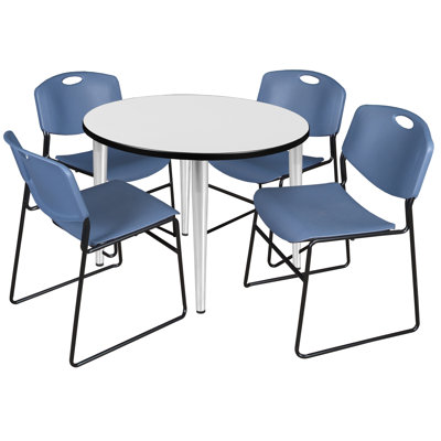Kahlo Round Breakroom Table Top, Chrome Base & 4 Zeng Stack Chairs