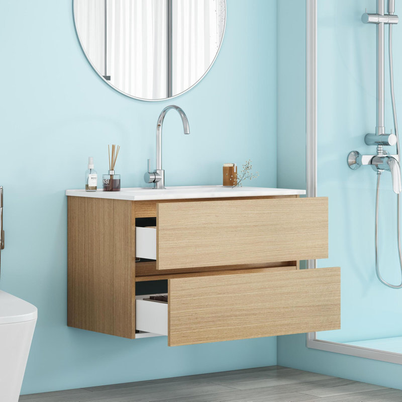 Meuble-lavabo mural moderne de 32 pouces avec lavabo en céramique, conception en bois massif, idéal pour les petits espaces