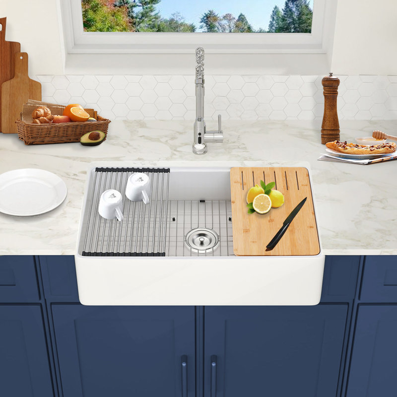 Fireclay 33" L X 20" W Workstation Farmhouse Kitchen Sink With Accessories, 10" H x 33" W x 20" D