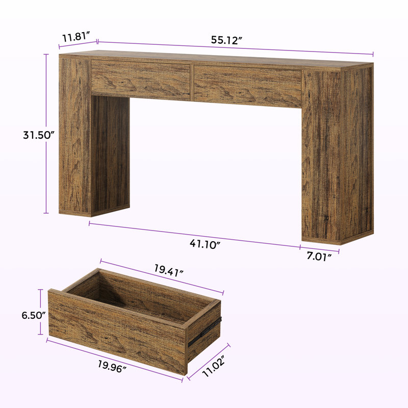 55.12'' Console Table With Drawers And LED Light, Rustic Brown