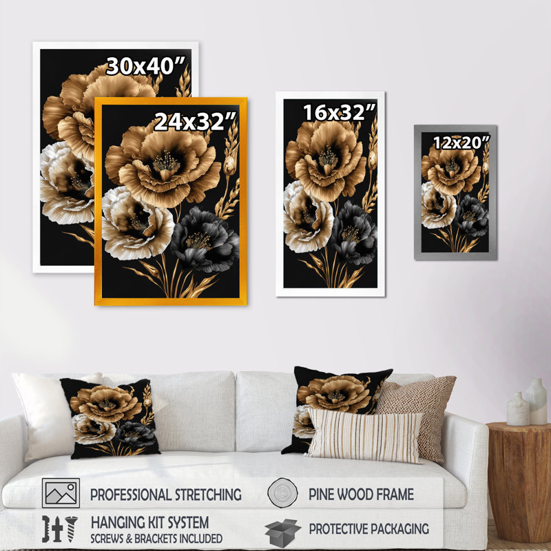 Glaïeul noir et or II - impression sur toile, Cadre photo noir, H 20 po x l 12 po x P 1 po