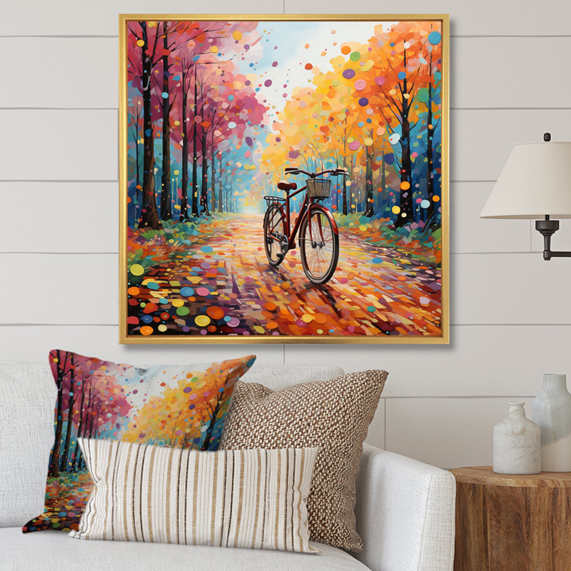 Vélo joyeux chevauchant le pointillisme II, H 24 po x l 24 po, Cadre flottant doré
