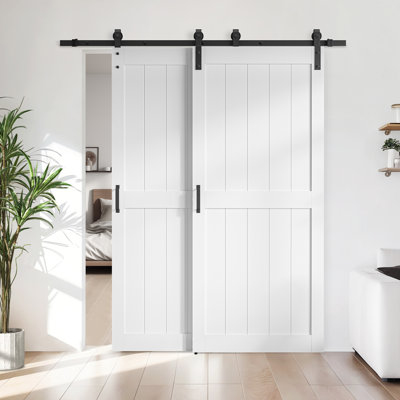Manufactured Wood Paneled Bypass Barn Door Double Doors With Hardware Kits(Size not include overlap area:7 inch)