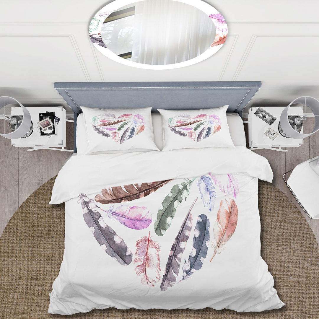 Retro Heart With Pink Bird Feathers - Bohemian & Eclectic Duvet Cover Set - Microfiber Polyester Design Art 