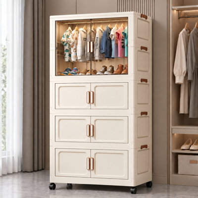 Lot de 1+3 bacs de rangement modulaires empilables avec couvercles, bacs de rangement pliables en plastique blanc avec portes magnétiques et roulettes, armoire de rangement pour chambre ou dortoir, organisateur de vêtements suspendus