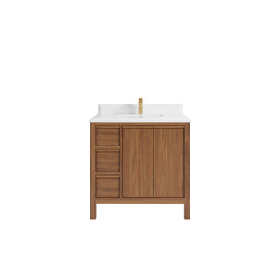 Elizabeth Teak 36 In. W X 22 In. D Center Sink Bathroom Vanity In Dark Natural With Cove Edge White Quartz