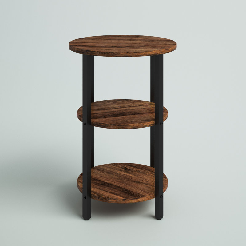 Mauch Round End Table with 3-Tier Storage Shelves, Rustic Brown/Black