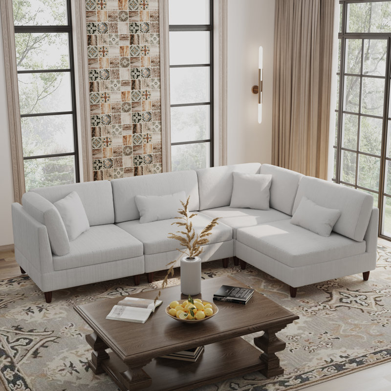 Michelyn 160.4"W 4 - Piece Corduroy Modular Sectional Sofa with Solid Wood Leg, Beige Corduroy