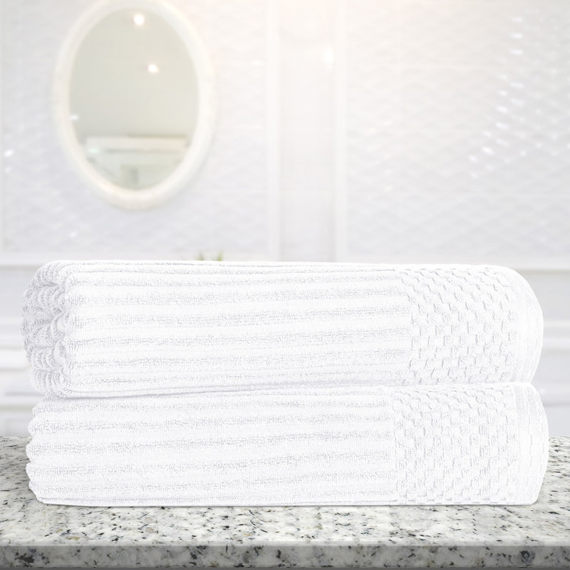 Ruvins Cotton Highly Absorbent Solid and Checkered Border Bath Sheet Set, White
