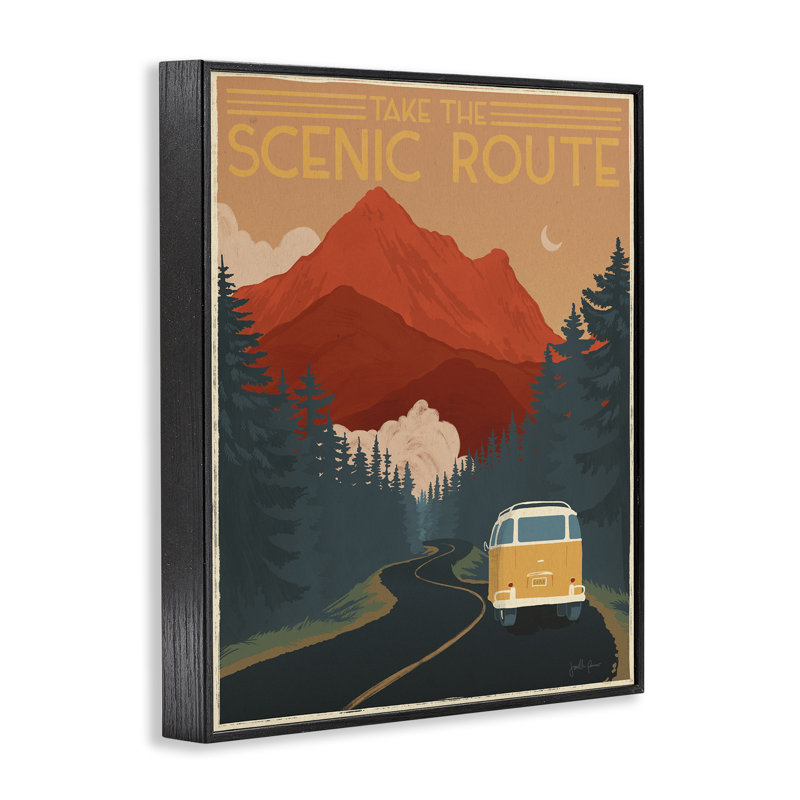 Take the Scenic Route Phrase Retro Mountain Travel Black Framed Giclee Texturized Art by Janelle Penner, 24 x 30