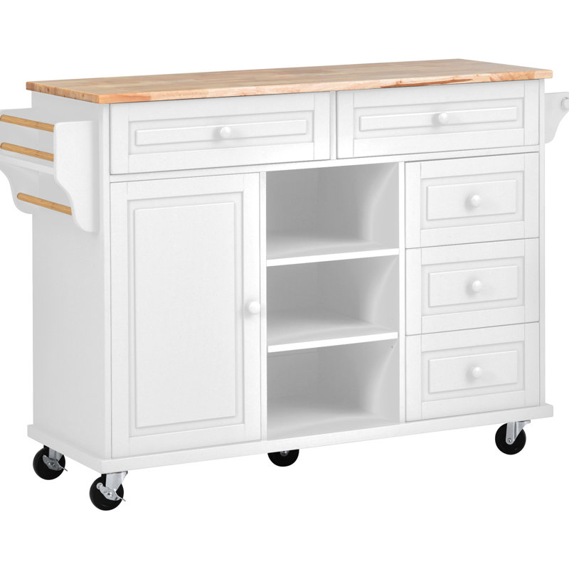 Îlot de cuisine blanc avec tablette mobile de 50 lb et 5 tiroirs - Revêtement de bureau en bois d'hévéa, Blanc