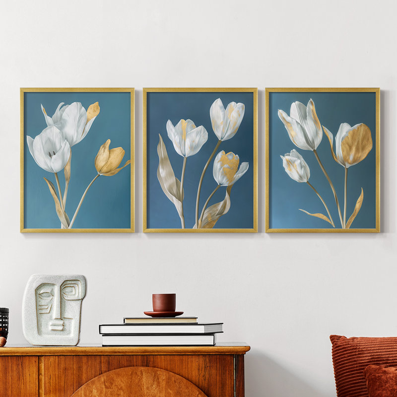 Étude florale série li-ensemble de 3 estampes giclées encadrées-prêt à accrocher, Cadre doré, H 28 po x l 22 po