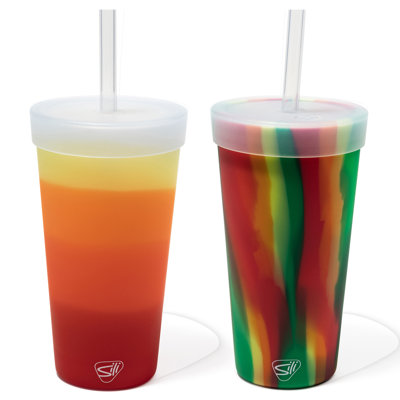 Silipint: Straw Tumber 22 oz: paquet de 2 - souci et hibiscus - tasse de voyage en silcone avec couvercle, incassable