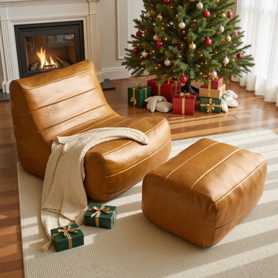 Cognac Faux Leather Channel-stitched Armless Lounge Chair And Ottoman