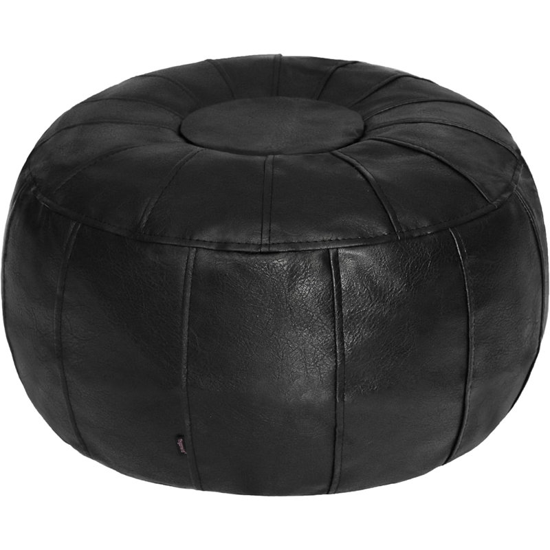 Colombe Upholstered Pouf, Black Leather Match/Leather