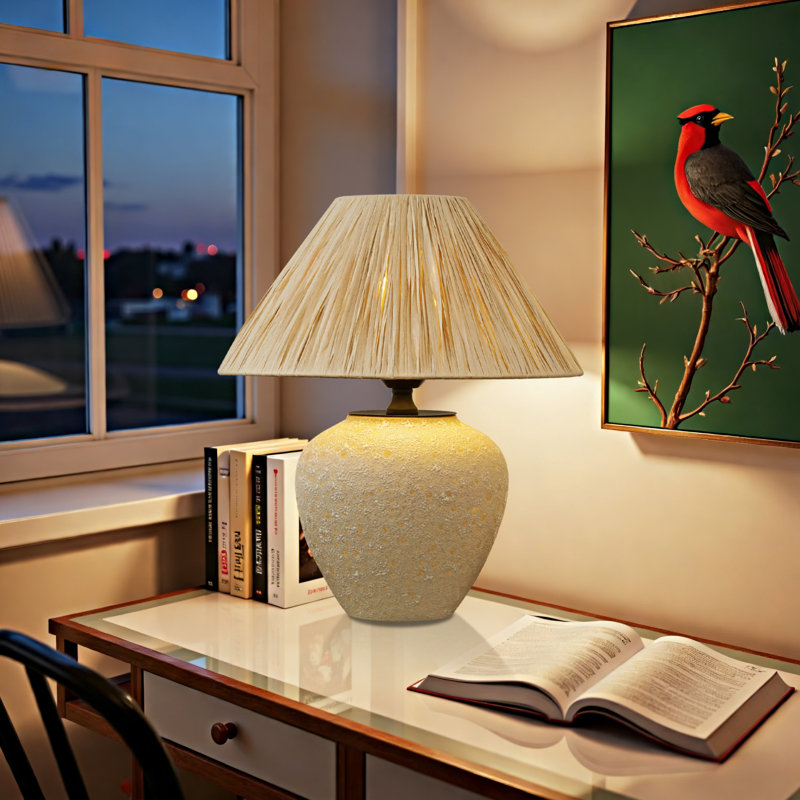 Lampe de table rétro en céramique beige avec abat-jour en raphia en papier 12,99 pouces, à brancher