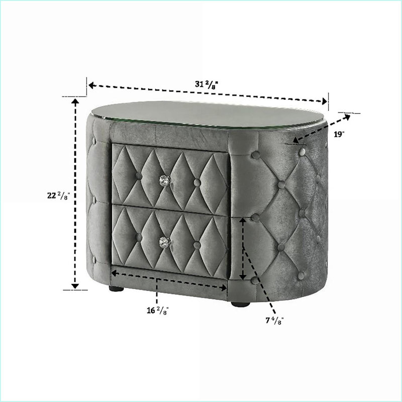 Modern Gray Tufted Nightstand with 8mm Tempered Glass Top & Two Drawers, Gray