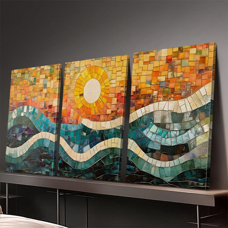 «Mosaic Wave Sunrise», reproduction sur toile 3 pièces pour un salon créatif, 16 * 12 pouces 3 pièces