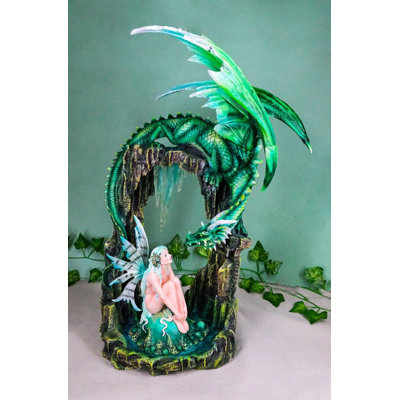 Large Elf Fairy With Green Emerald Dragon By Ice Crystals Stone Arch Statue