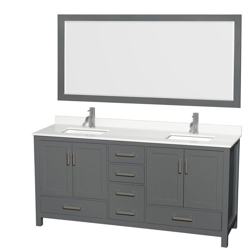 Sheffield 72" Freestanding Double Bathroom Vanity with Quartz Top with 70" Mirror, Chrome, Dark Gray, White Quartz