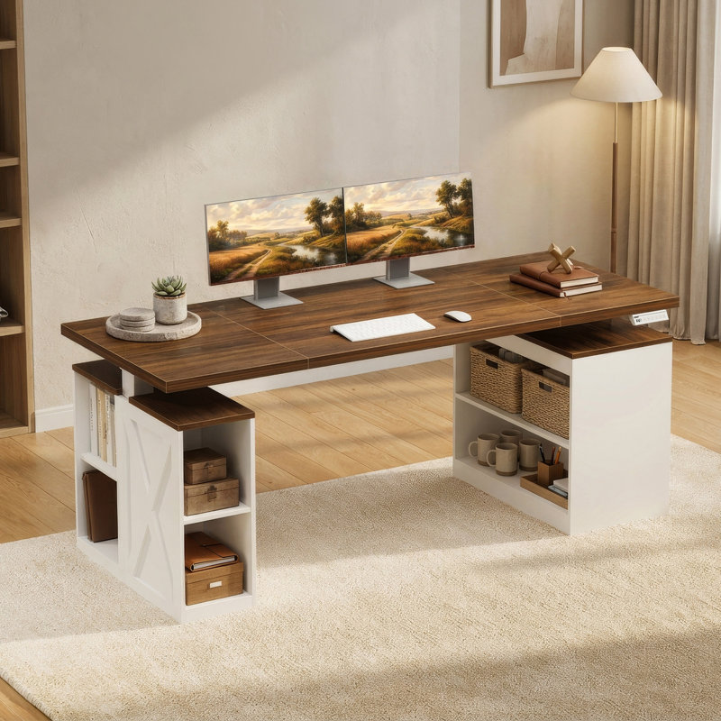 Bureau assis-debout électrique Beatriz 63" style ferme avec étagères de rangement, hauteur réglable, noyer blanc