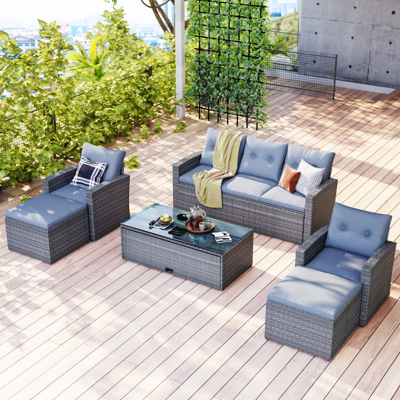 Ensemble de patio 6 pièces en osier avec canapés et repose-pieds toutes saisons