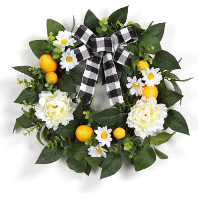 20 Inch Lemon Wreath for Front Door, Spring Summer Fruit Wreath with Artificial Lemon Peony Flower and Bow