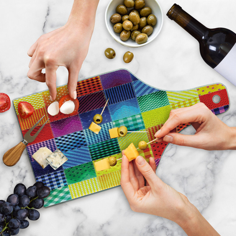Ambesonne Retro Tempered Glass Cutting Board Rainbow Retro Patchwork Multicolor