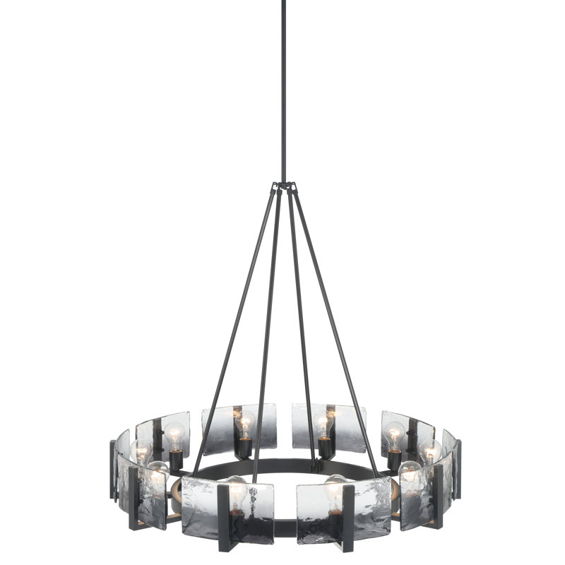 Lustre Yep par Slavin, Noir mat, 10 lumières, Verre à eau fumé