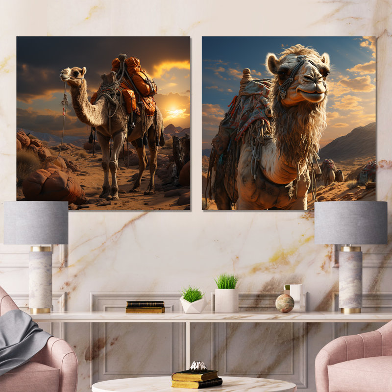 Majestic Camel Desert Wanderer I - ensemble de 2 impressions sur toile chameau, Toile tendue, H 36 po x l 73 po x P 1,5 po