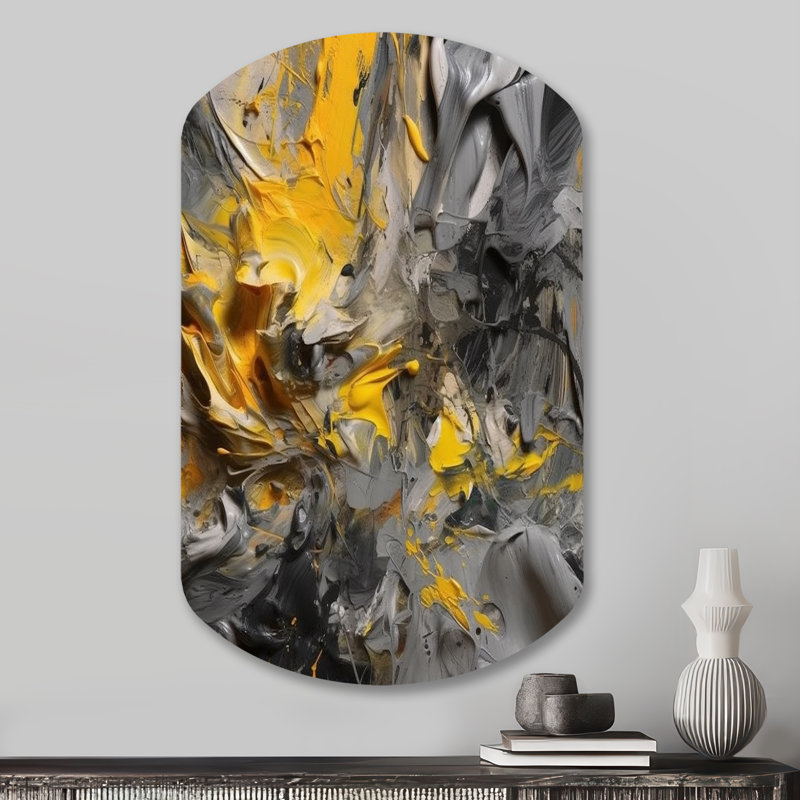 Moutarde jaune et gris vif - art mural asymétrique en forme de cylindre abstrait, H 31 po x l 19 po