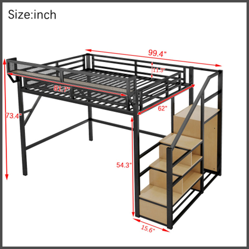Grand lit mezzanine en métal avec escalier de rangement, garde-robe intégrée, tablettes de rangement